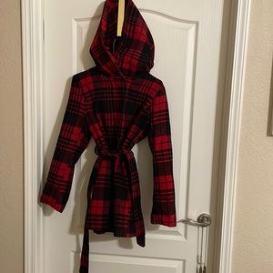 Red Plaid Peacoat with over sized hood from ModCloth Size L